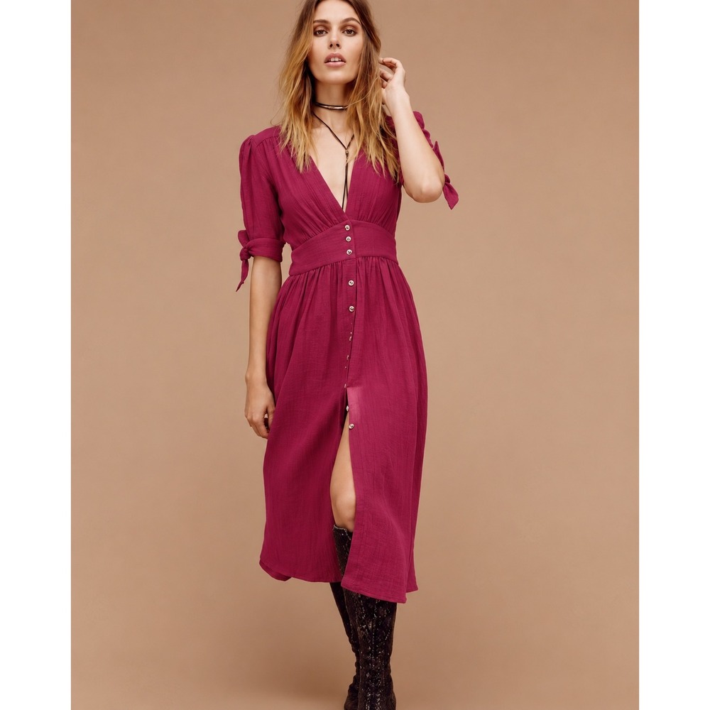 Free People Love of My Life Midi Dress Pink Red Button Front Boho XS